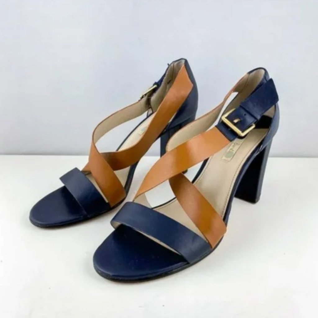 Boden Navy And Cognac Tan Sandal Block Heel Eu Size 38 Us 7